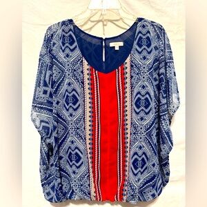 Halo Flowy Red White and Blue Paisley Print Lined with Elastic Hem Top Size M